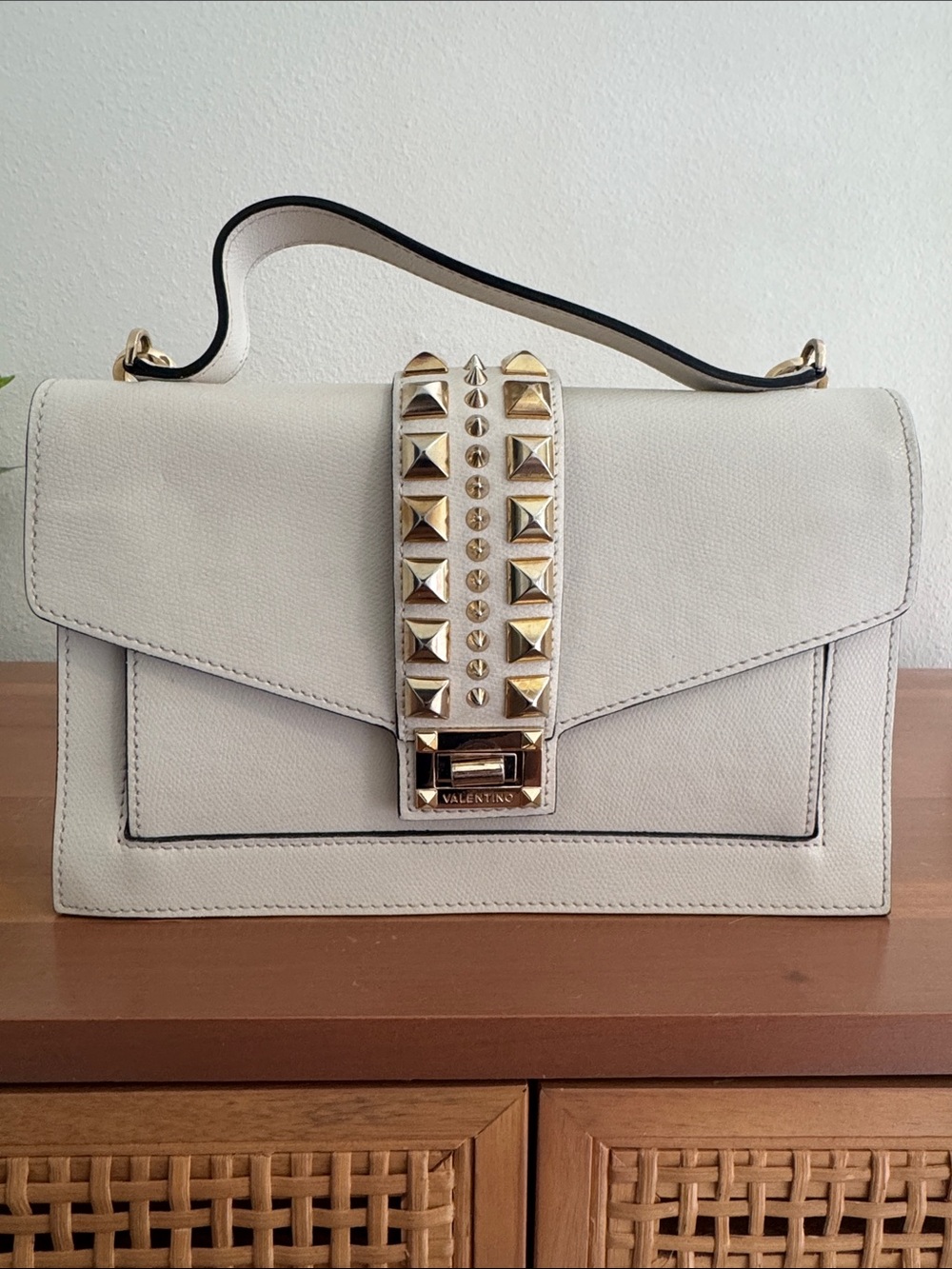 Valentino White Leather Shoulder Bag with Gold Pyramid Studs